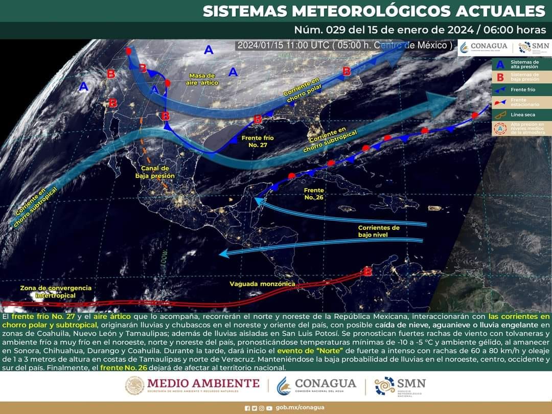 Temperaturas mínimas de 0 a 5 °C: sierras de Baja California Sur, Sinaloa, Aguascalientes, Jalisco, Michoacán, Guanajuato, Ciudad de México, Morelos y Oaxaca.