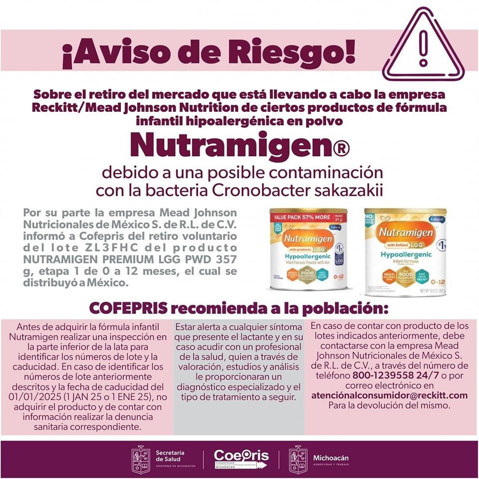 De acuerdo a información de la Agencia de Alimentos y Medicamentos de los Estados Unidos (FDA), después de varios análisis, se detectó la presencia de Cronobacter sakazakii, la cual puede ser mortal en bebés, al causar septicemia o meningitis.